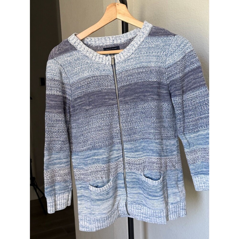 Tommy Hilfiger Blue & Gray Striped Zip Cardigan - M fits like Small